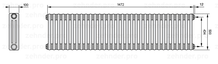Схема (чертеж) Радиатор Zehnder Charleston 3050/32 №7610 Белый глянцевый RAL 9016